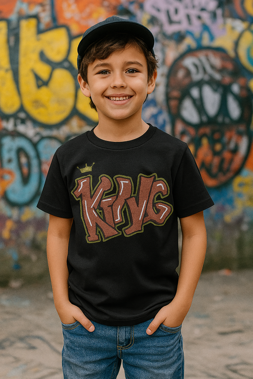Model wearing Crown graffiti shirt – KING by James limited edition tee – Lebanese fashion