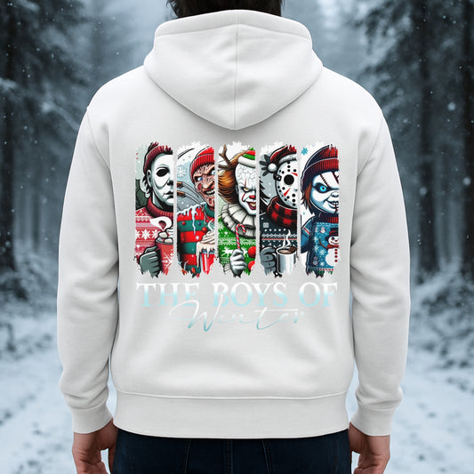 White hoodie with colorful graphic design of movie characters and text 'The Boys of Halloween' in a snowy forest setting.