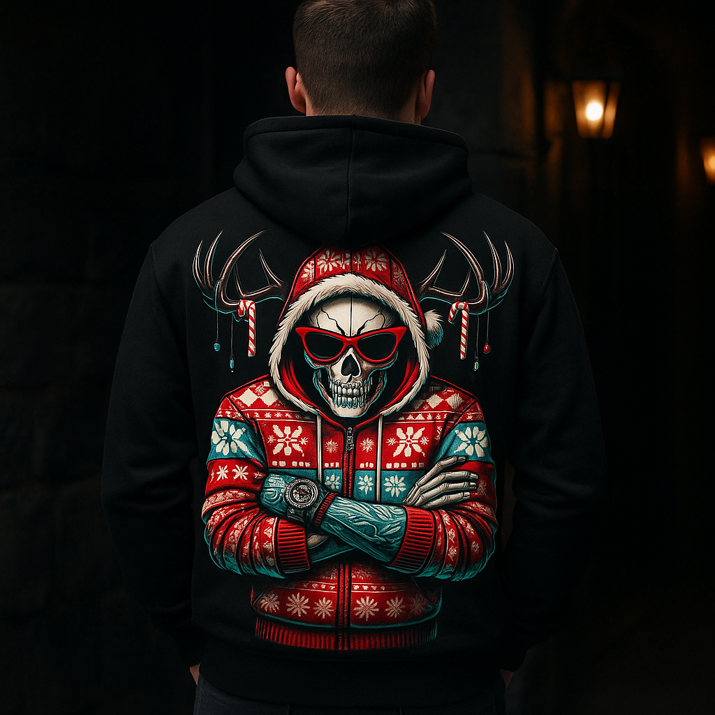 Person wearing a black hoodie with a colorful skull design on the back, set against a dark background.