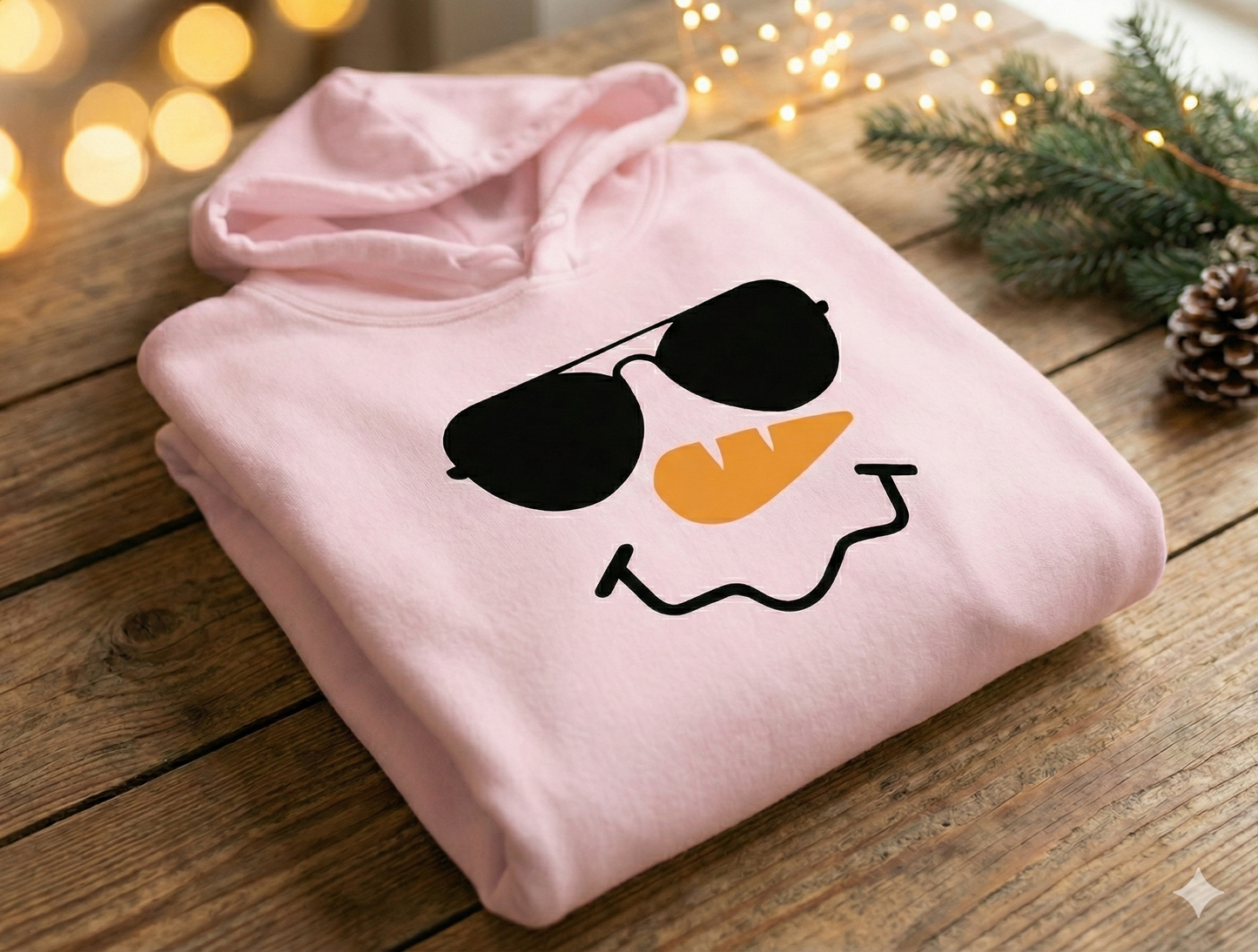 Pink hoodie with a snowman face design on a wooden surface with blurred lights and pine branches in the background.