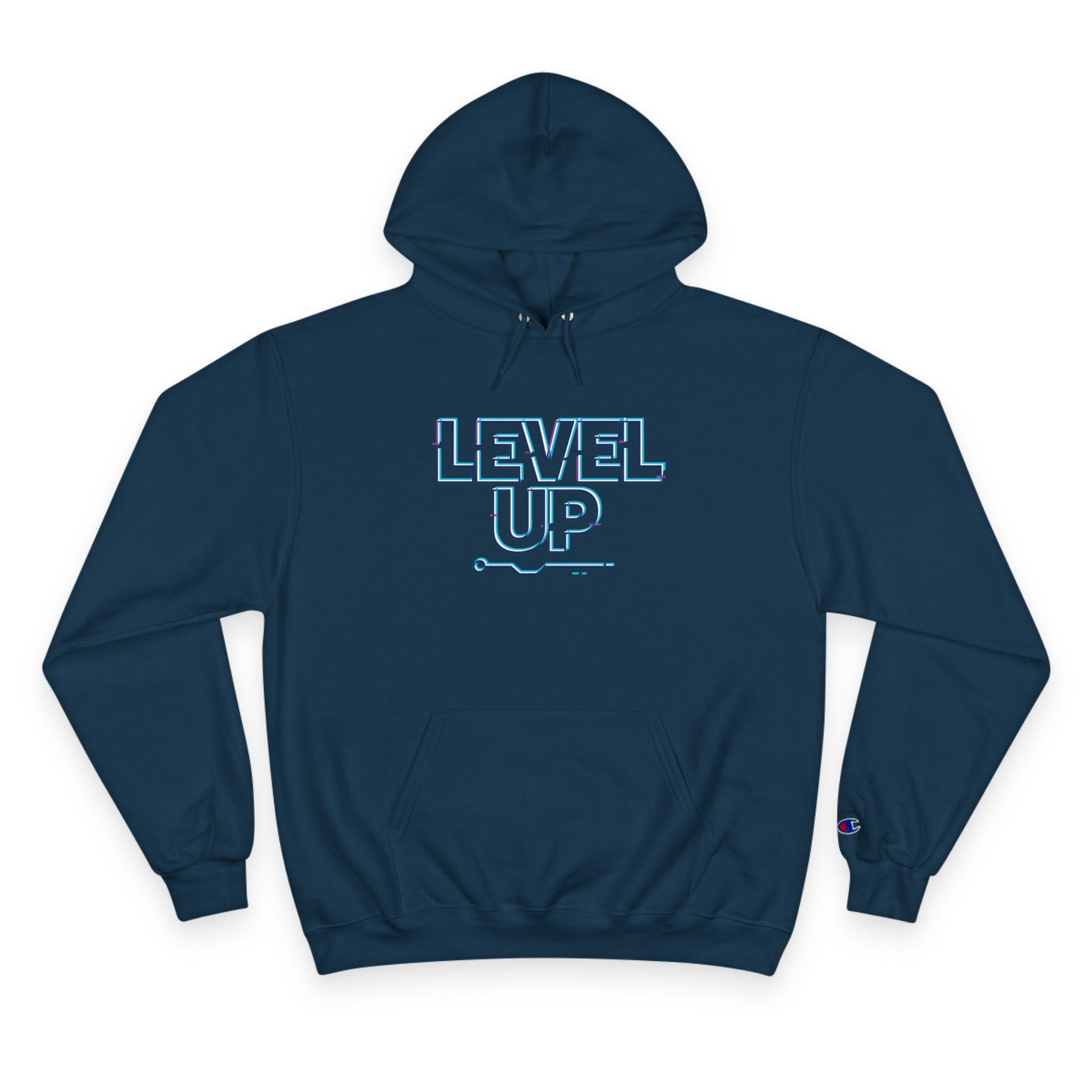 Navy hoodie with 'LEVEL UP' text on a white background