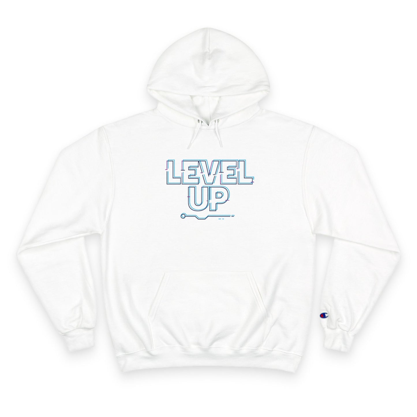 White hoodie with 'LEVEL UP' text on a white background