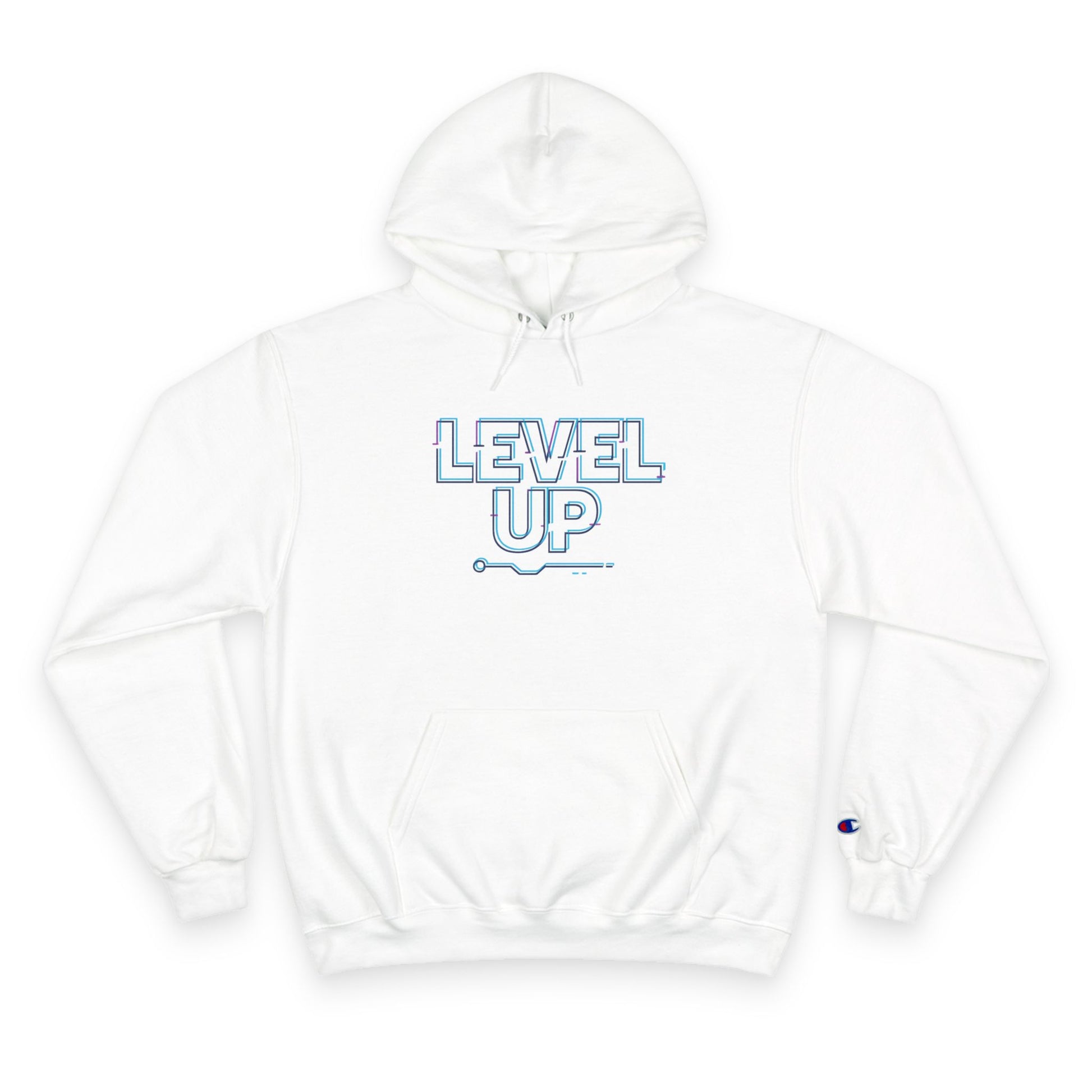 White hoodie with 'LEVEL UP' text on a white background