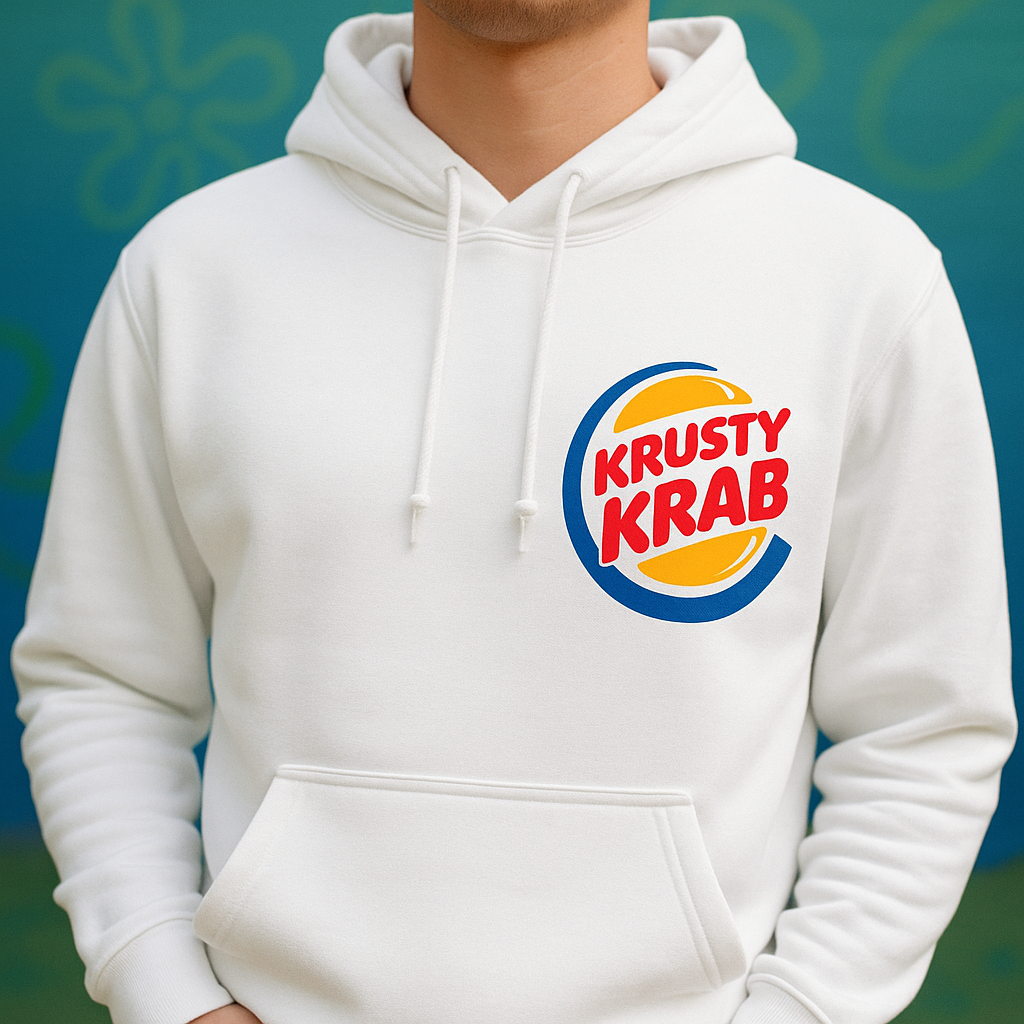White hoodie with Krusty Krab logo on a green background