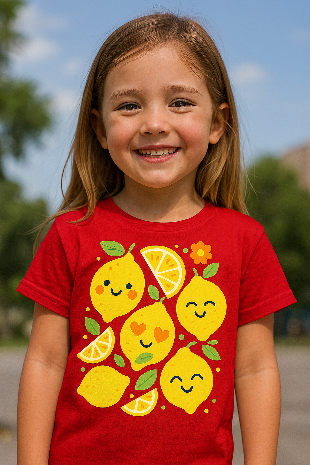 Illustrated kids t-shirt design with five smiling cartoon lemons, lemon slices, green leaves, and a small orange flower on a white background.