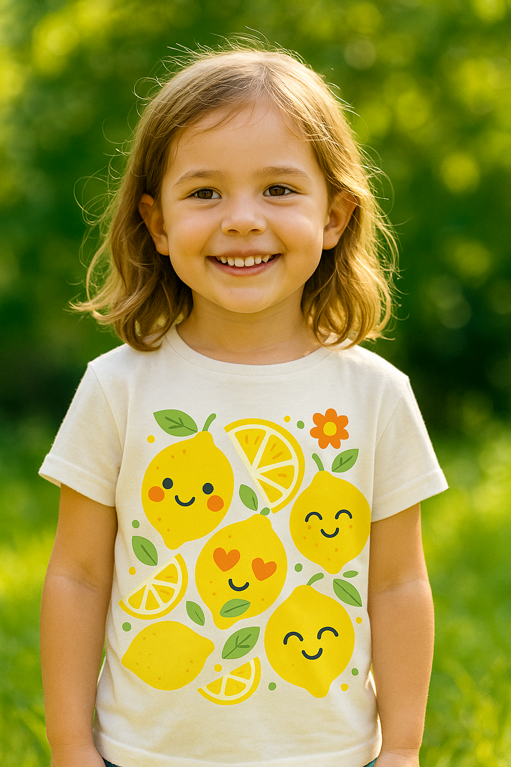 Illustrated kids t-shirt design with five smiling cartoon lemons, lemon slices, green leaves, and a small orange flower on a white background.