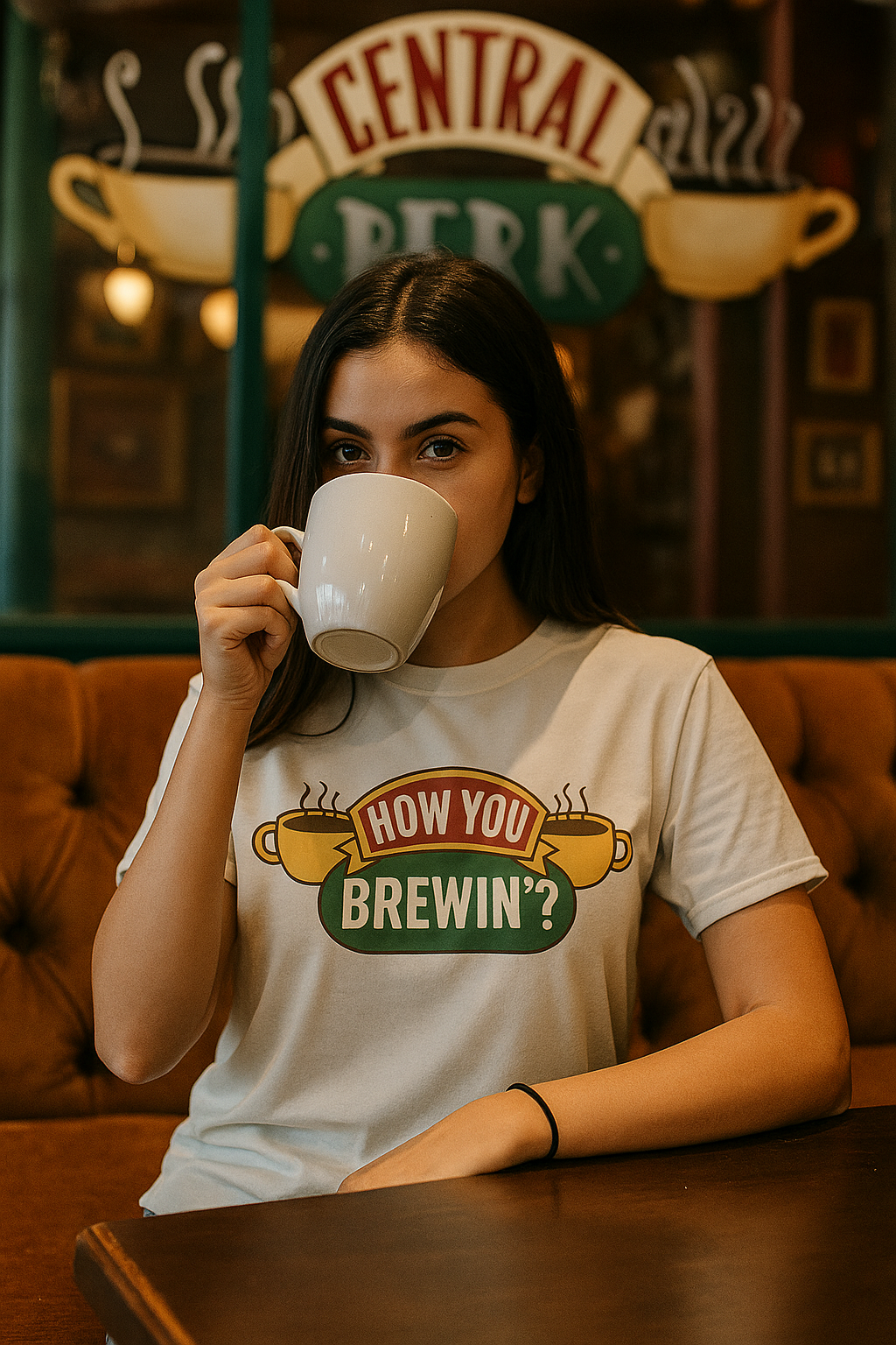 White t-shirt with “How You Brewin’?” text and yellow coffee cups design – perfect for coffee drinkers and baristas