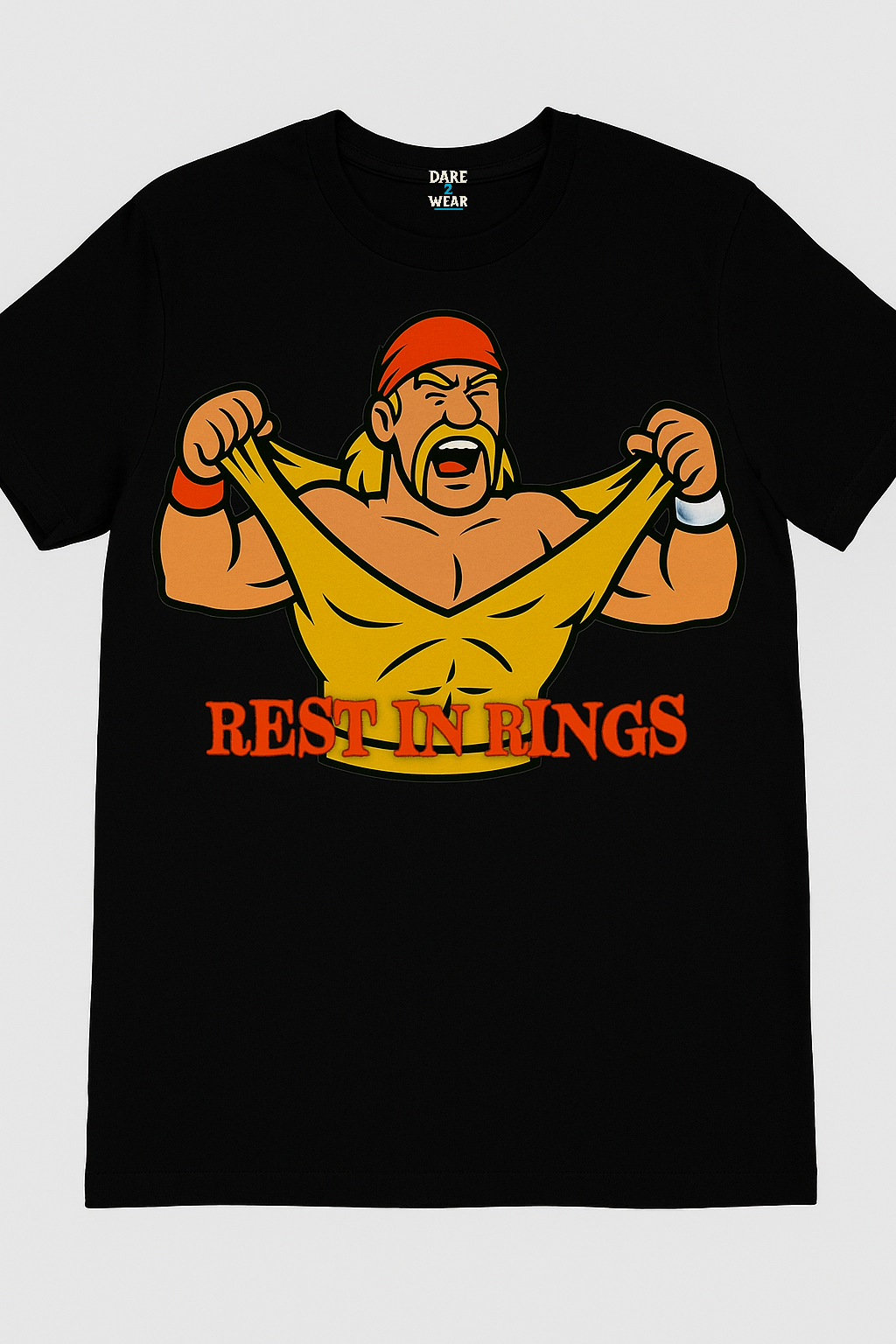 Hulk Hogan tribute t-shirt mockup on black fabric showing cartoon-style artwork of Hulk tearing his shirt with "REST IN RINGS" text