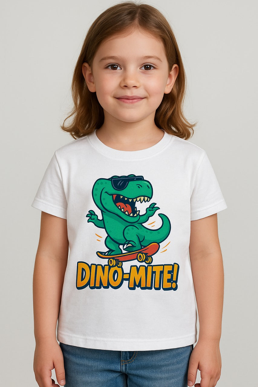 White tee: D2W Kids DINO‑MITE T‑Rex skateboard graphic on white T‑shirt