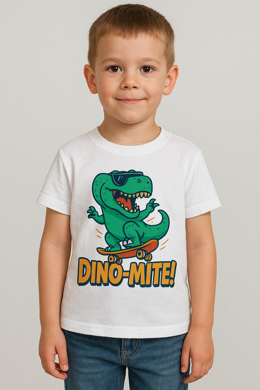 White tee: D2W Kids DINO‑MITE T‑Rex skateboard graphic on white T‑shirt