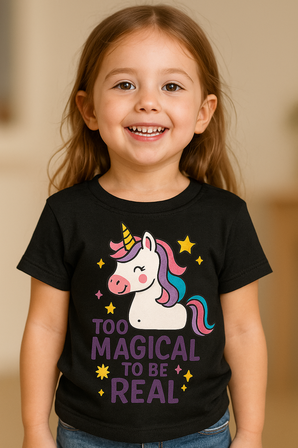 Bold unicorn kids tee on a black shirt featuring a smiling unicorn and the words "Too Magical to Be Real"