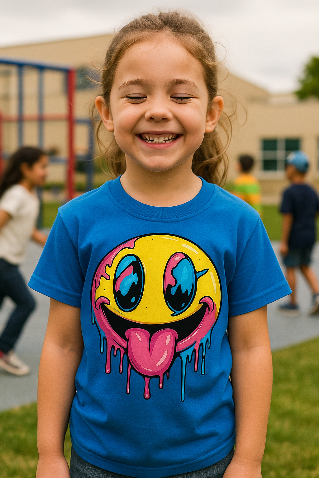Child wearing a blue t-shirt with a colorful smiley face design outdoors.