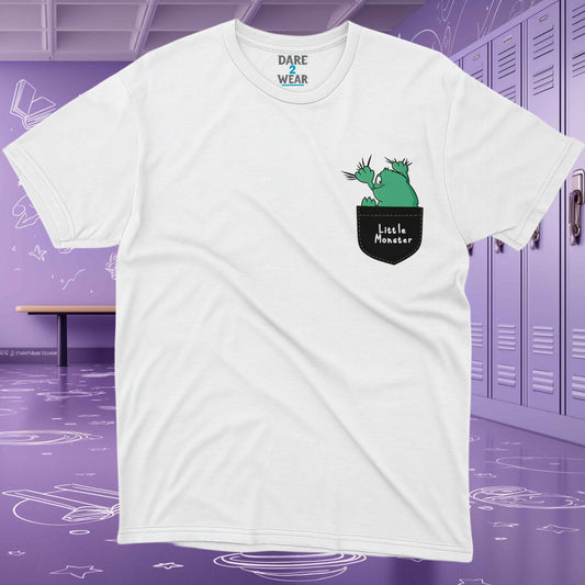 White t-shirt with a cartoon green monster peeking from a pocket design β Dare 2 Wear Little Monster