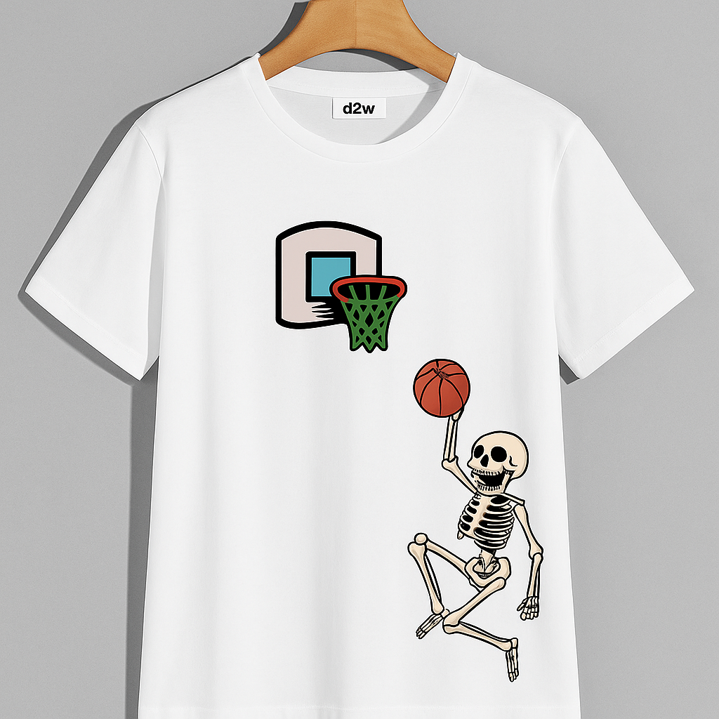 White T-shirt with cartoon skeleton dunking basketball near hoop – D2W original