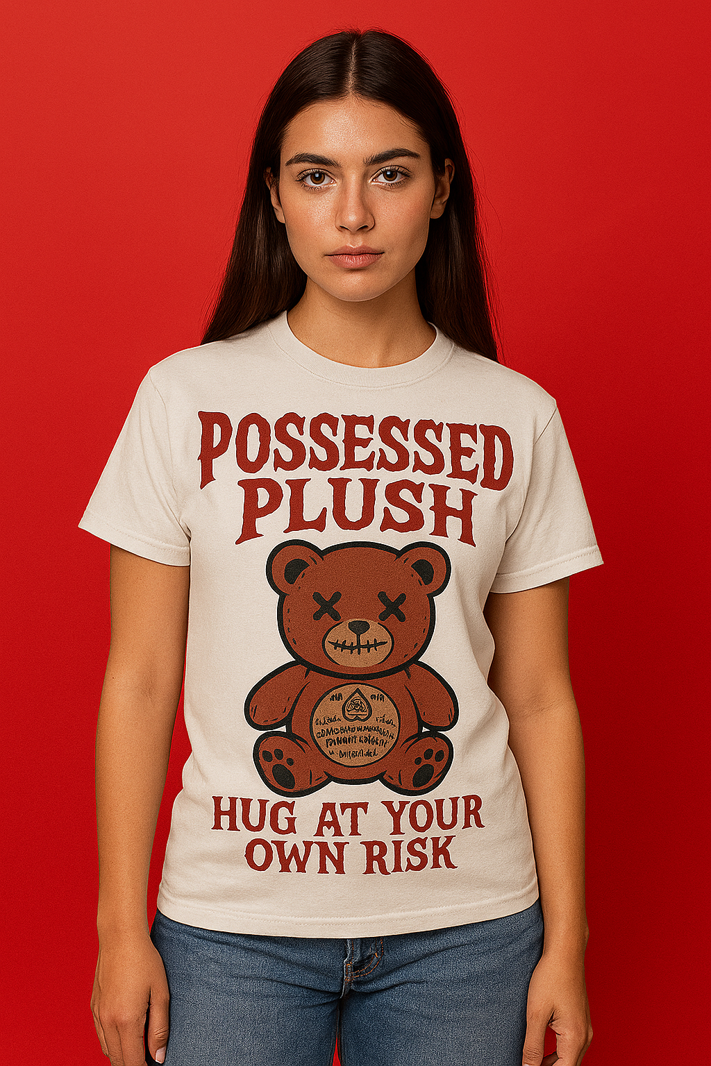 Model wearing teddy bear horror t-shirt by Dare 2 Wear – white shirt design