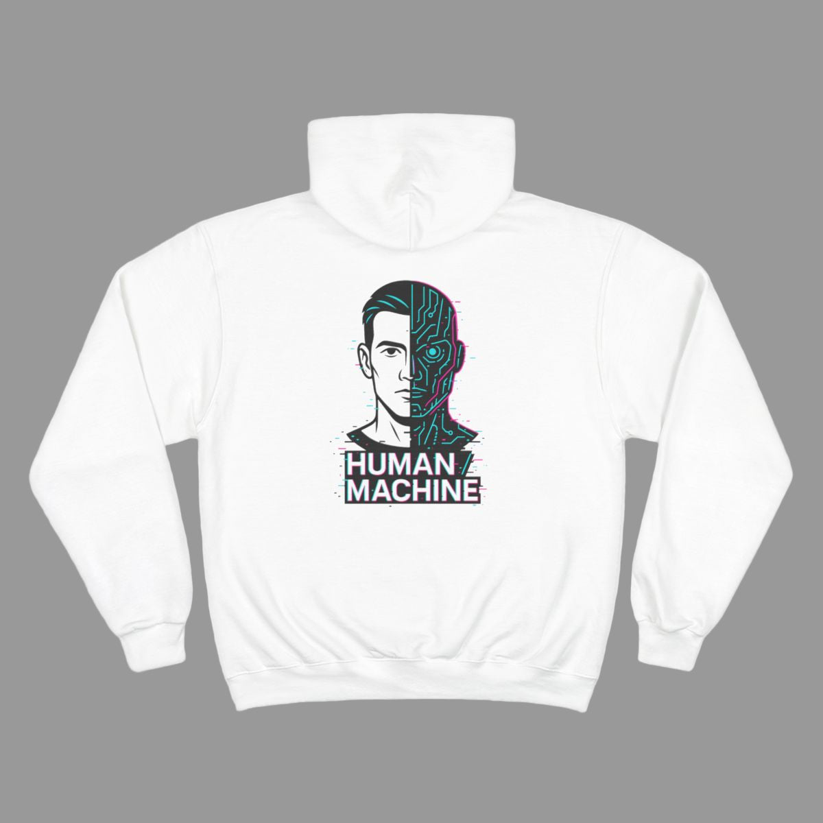 White hoodie with a 'Human Machine' design on a white background