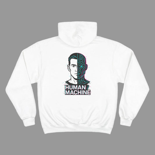 White hoodie with a 'Human Machine' design on a white background