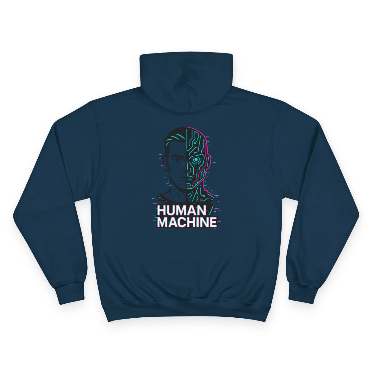 Navy blue hoodie with a futuristic design and 'Human Machine' text on the back against a white background