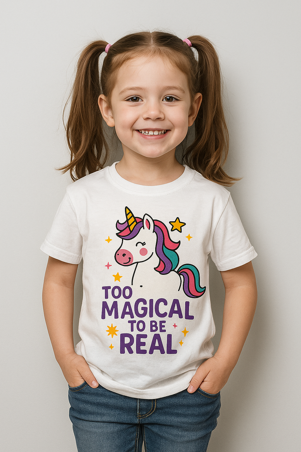 Unicorn kids t-shirt with colorful design and text "Too Magical to Be Real" printed on a white shirt