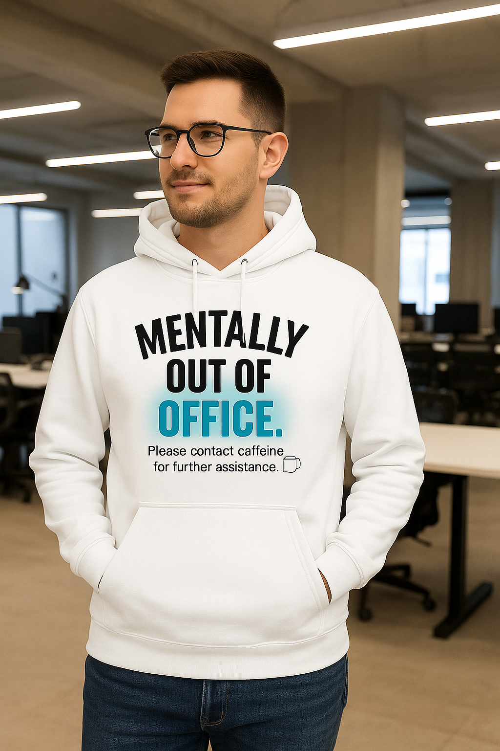 White hoodie with Mentally Out of Office teal glowing text — streetwear by Dare 2 Wear.