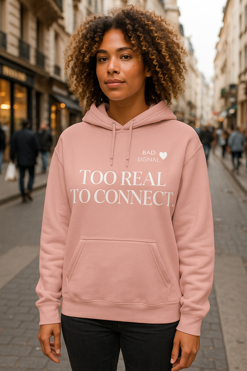 Soft pink hoodie featuring Bad Signal Too Real to Connect design — premium streetwear from Dare 2 Wear.