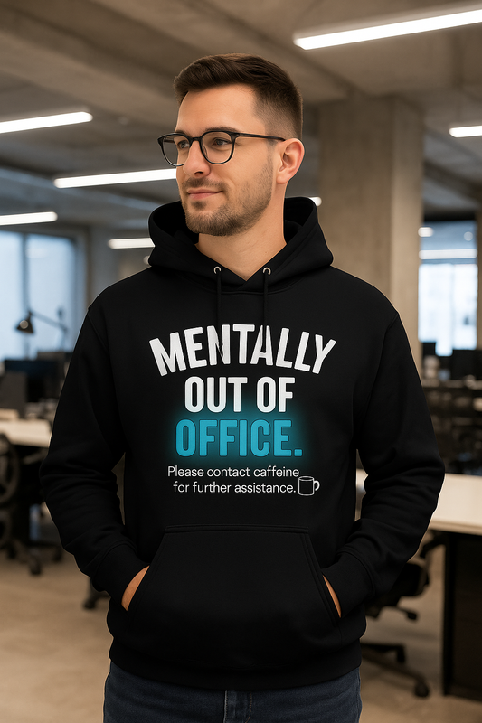 Black hoodie with Mentally Out of Office white and teal design β bold unisex fashion from D2W.