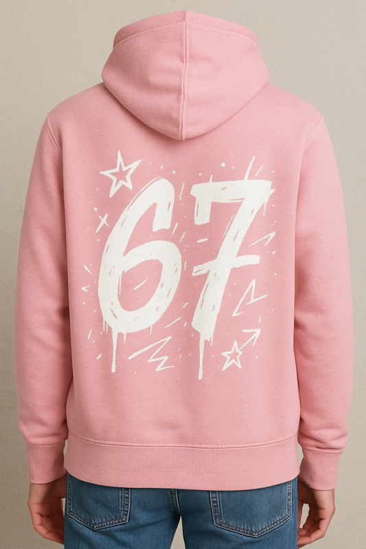 Pink hoodie with white 67 dripping graffiti design β Dare 2 Wear streetwear