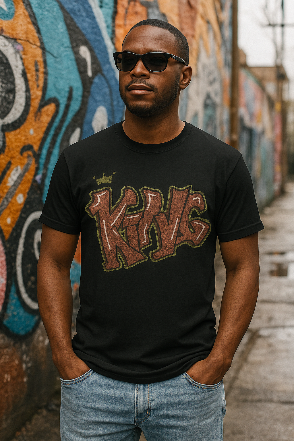 Model wearing Crown graffiti shirt – KING by James limited edition tee – Lebanese fashion