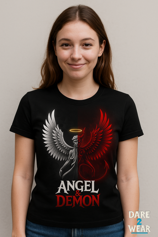 Angel and Demon fantasy shirt design – half angel, half demon – with bold text and wings.