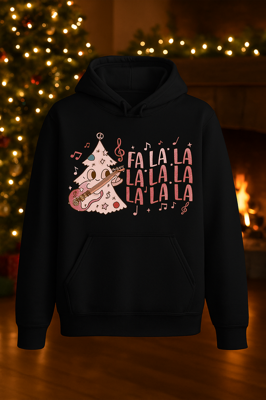Black hoodie with Christmas tree design and 'Fa La La' text in a festive setting.