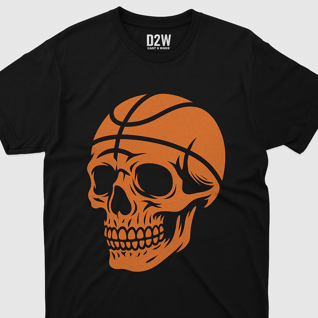Basketball skull graphic T-shirt on black fabric - front view