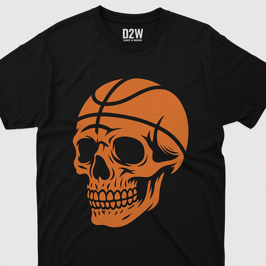 Basketball skull graphic T-shirt on black fabric - front view
