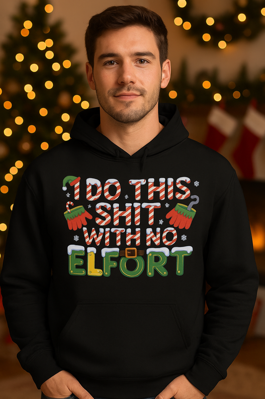Person wearing a black hoodie with colorful text in a festive setting
