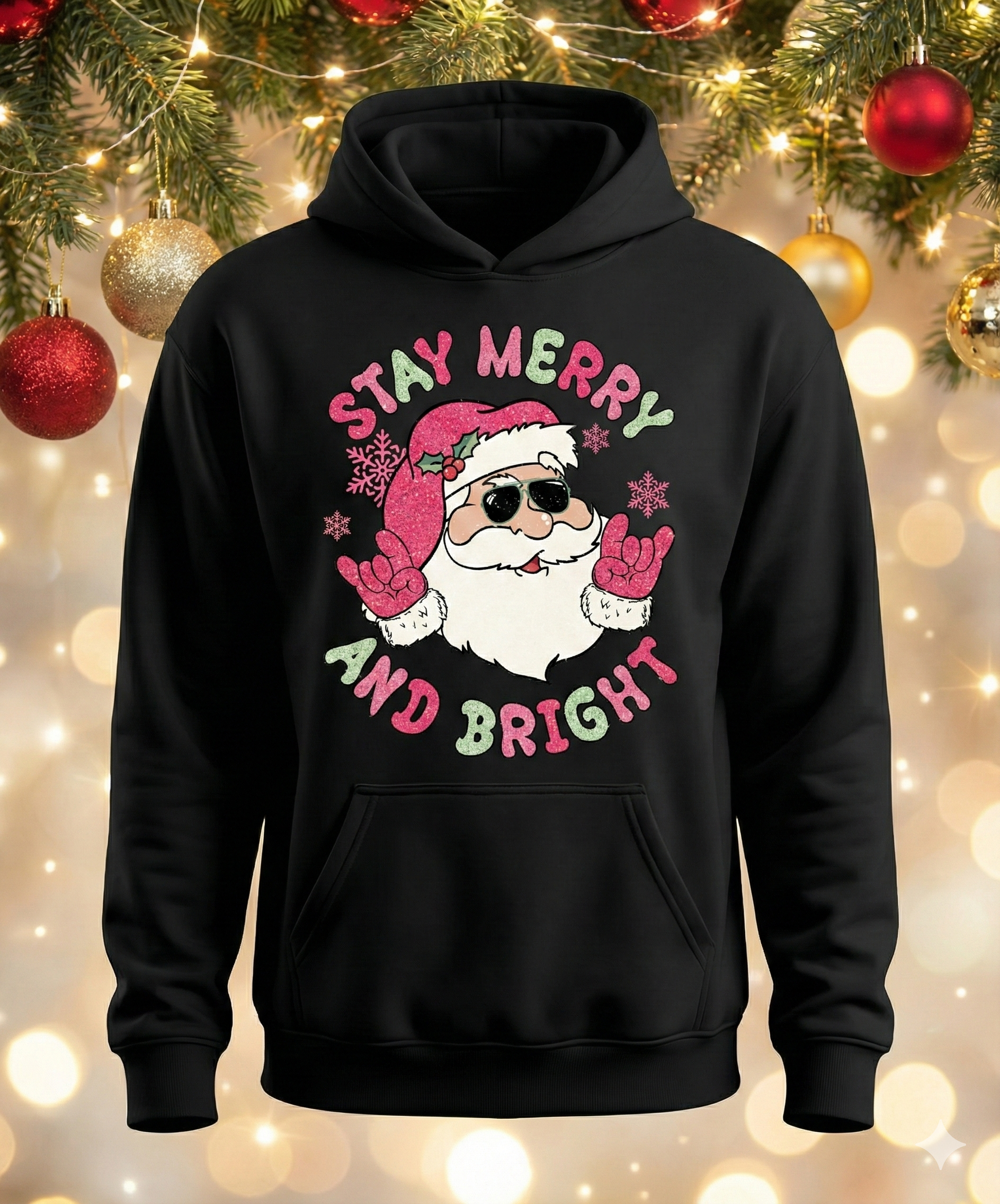 Black hoodie with Santa Claus graphic and 'Stay Merry and Bright' text against a festive background.