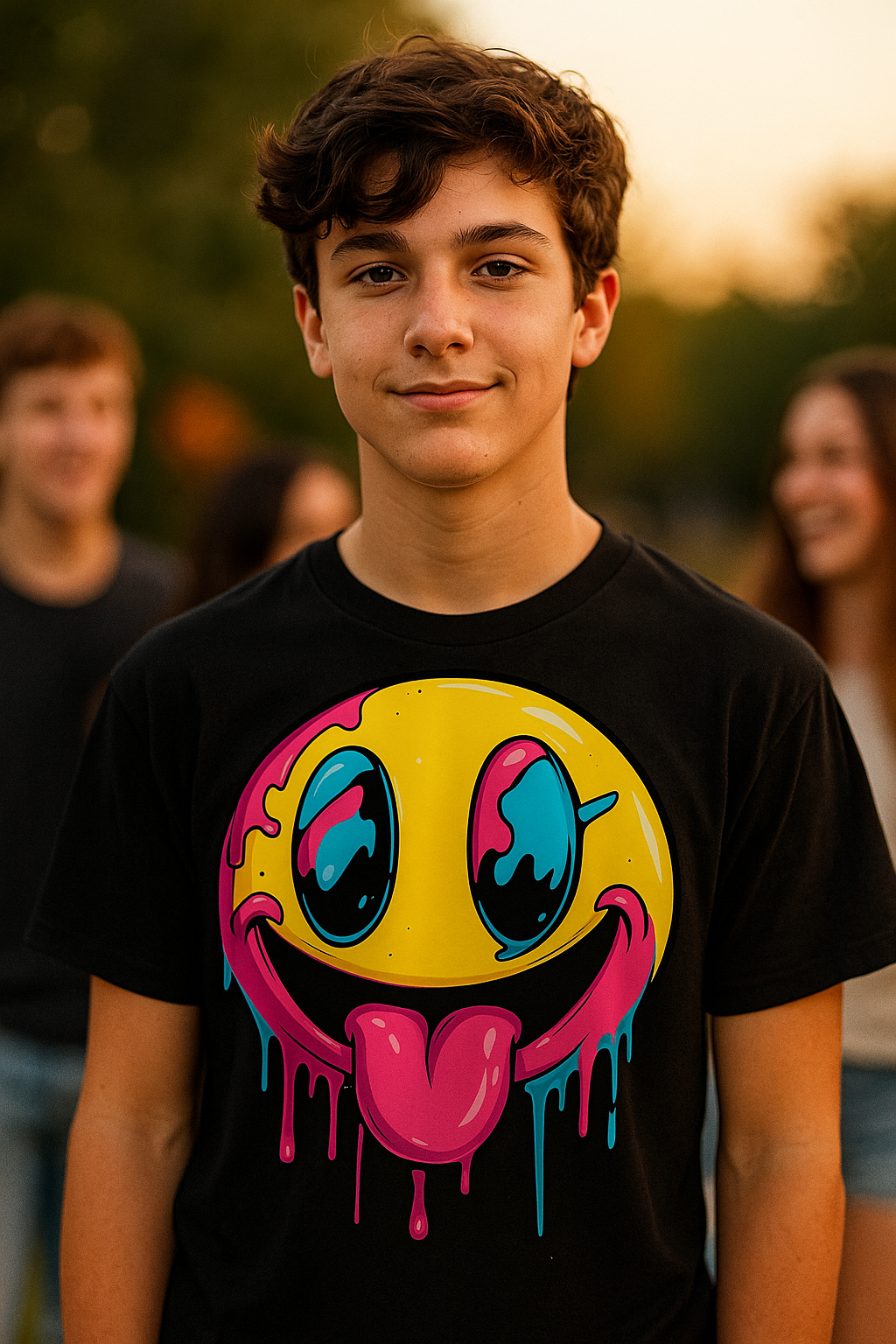 Drippy Smiley adults t-shirt with neon pink tongue and blue drips on black