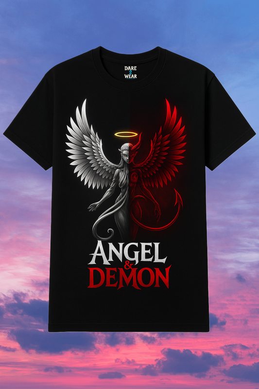 Angel and Demon fantasy shirt design – half angel, half demon – with bold text and wings.