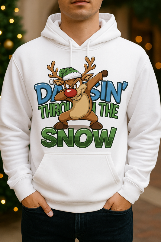 White hoodie with a reindeer graphic and text 'Dancin' Through the Snow' worn by a person.