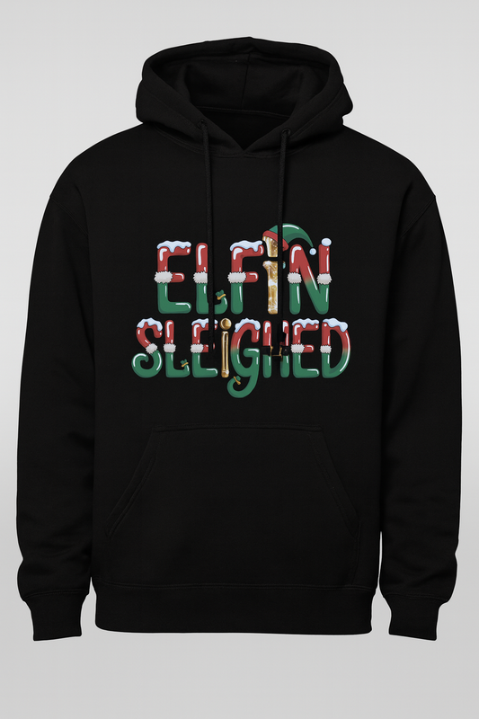 Black hoodie with 'ELFIN SLEIGHED' text in colorful letters on a white background