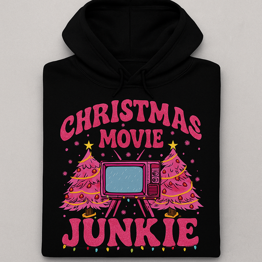 Black hoodie with pink 'Christmas Movie Junkie' design featuring a TV and Christmas trees on a gray background.