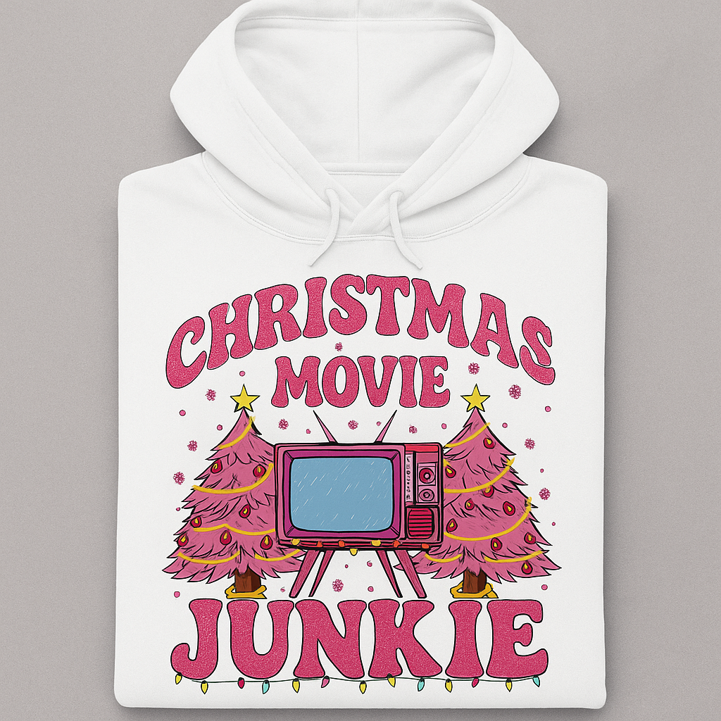 White hoodie with pink 'Christmas Movie Junkie' design featuring a TV and Christmas trees on a gray background.