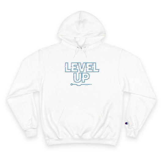 White hoodie with 'LEVEL UP' text on a white background