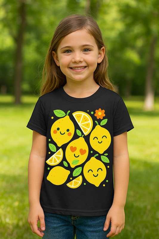 Illustrated kids t-shirt design with five smiling cartoon lemons, lemon slices, green leaves, and a small orange flower on a white background.