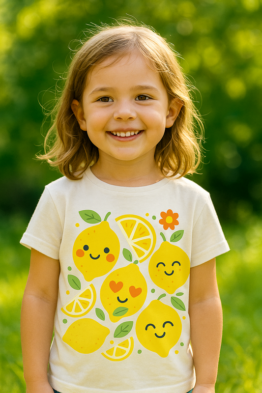 Illustrated kids t-shirt design with five smiling cartoon lemons, lemon slices, green leaves, and a small orange flower on a white background.