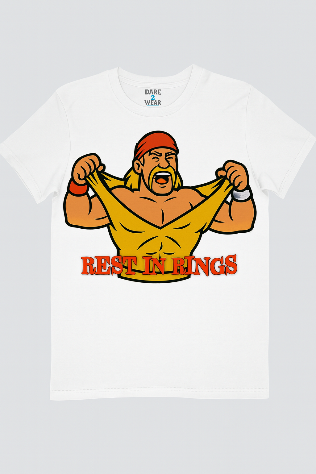 Hulk Hogan tribute t-shirt mockup on white fabric with iconic cartoon illustration and "REST IN RINGS" text in wrestling font