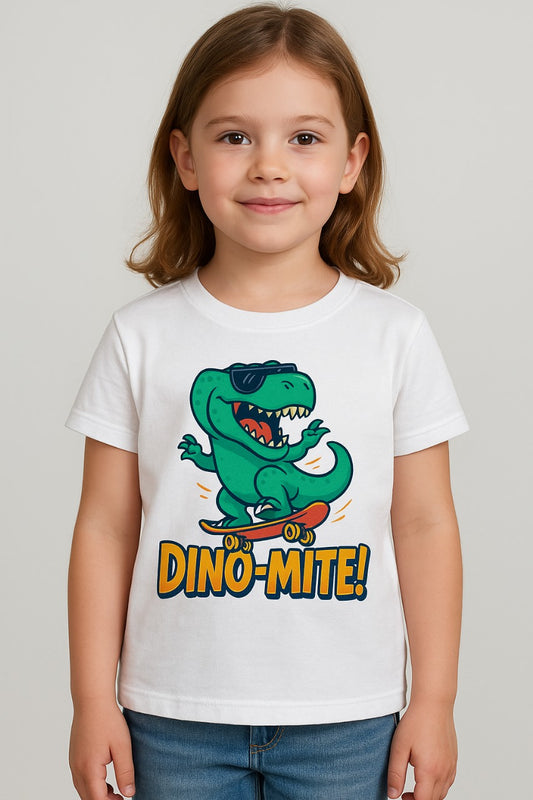 White tee: D2W Kids DINO‑MITE T‑Rex skateboard graphic on white T‑shirt