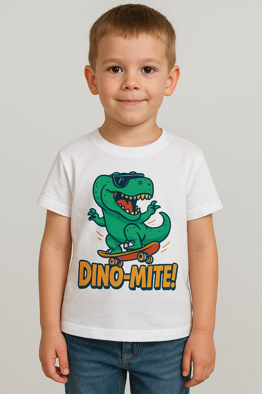 White tee: D2W Kids DINO‑MITE T‑Rex skateboard graphic on white T‑shirt