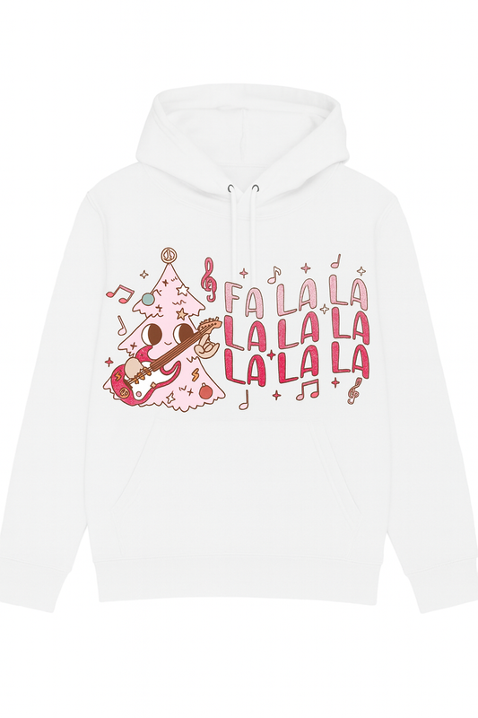 White hoodie with Christmas-themed design and 'Fa La La' text on a white background