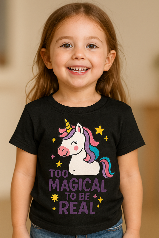 Bold unicorn kids tee on a black shirt featuring a smiling unicorn and the words "Too Magical to Be Real"