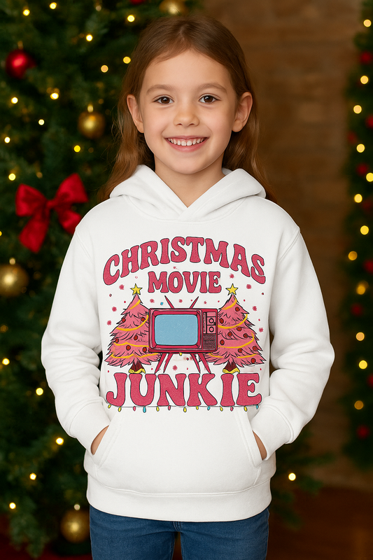 Child wearing a white hoodie with 'Christmas Movie Junkie' design in front of a decorated Christmas tree.