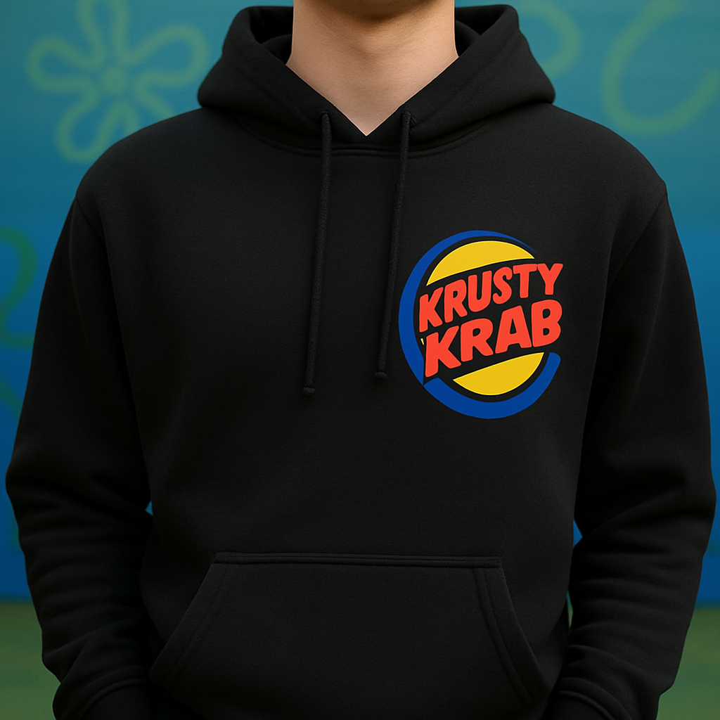 Black hoodie with Krusty Krab logo on a blue background
